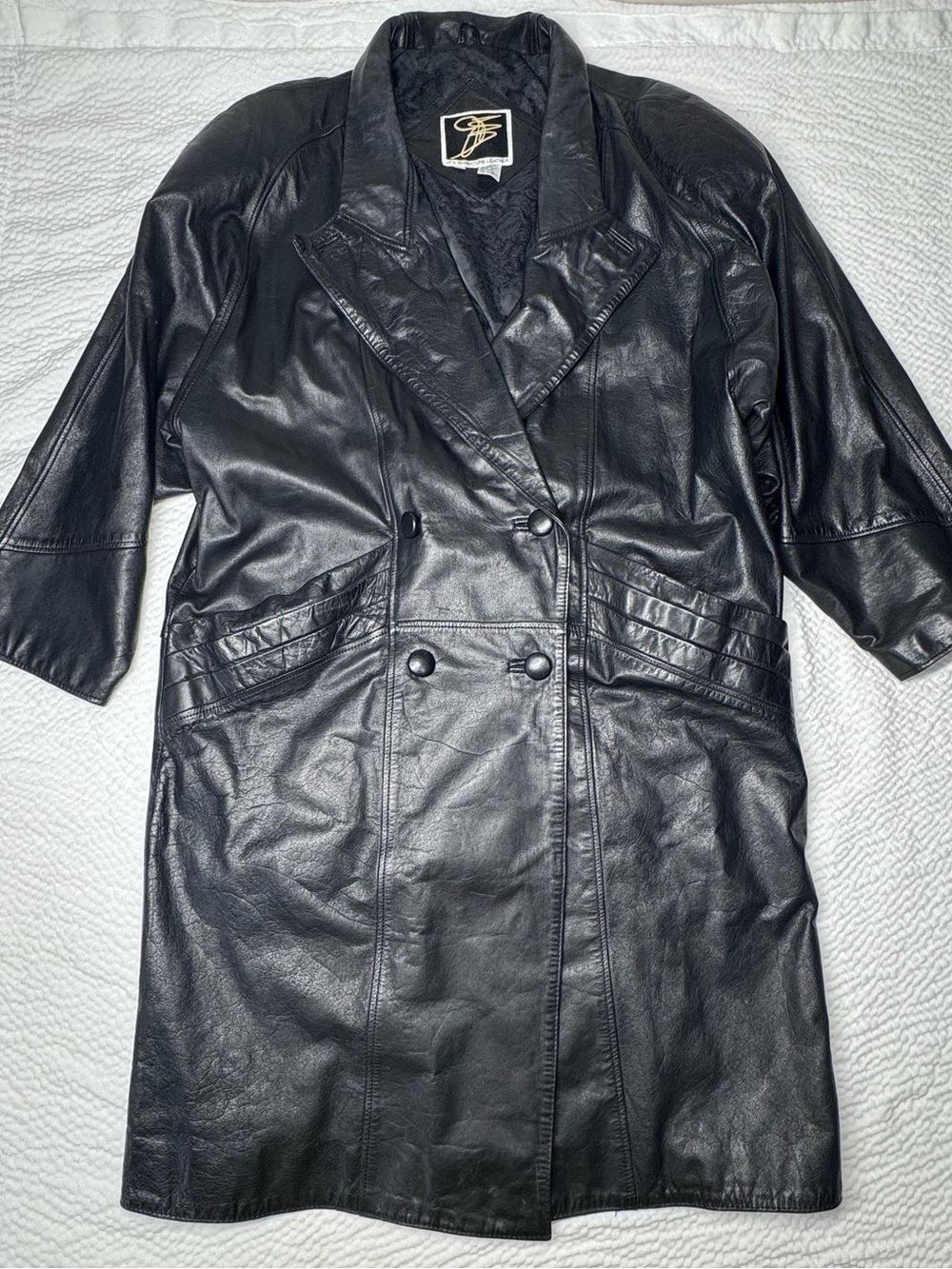 Vintage J.F.S. Signature Leathers Black Genuine Leather Oversized Trench Coat L